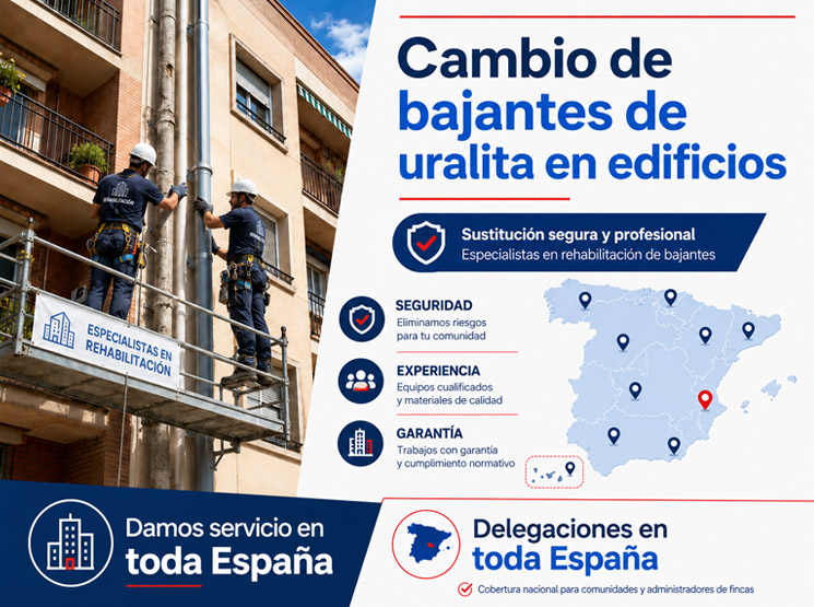 Cambio de bajantes de uralita, sustitución de canalones de fibrocemento y retirada segura de amianto en edificios Huesca (Huesca)